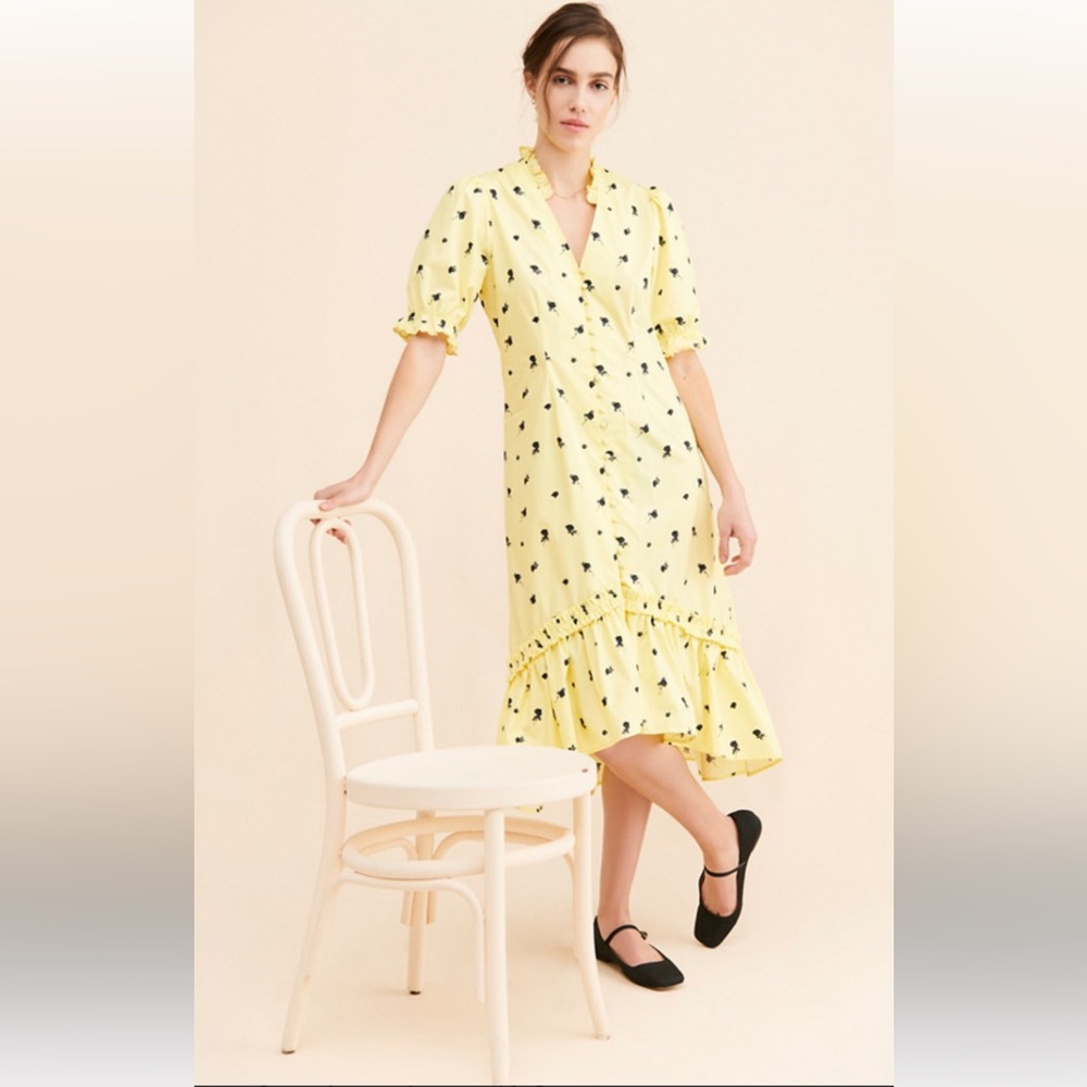 NWT retail$269 size 34 XS FREE PEOPLE “CRAS” Lemon Rose Floral Ruffle Midi Dress